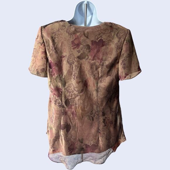 R&M Richards floral chiffon overlay blouse sz 10 mauve rose asym hem lined USA - Picture 2 of 5